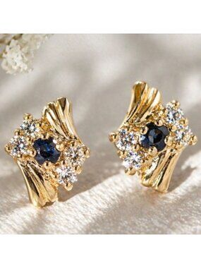 Vintage Sapphire Crystal Stud Earrings Gold Tone Halo Gift Boxed New Old Stock
